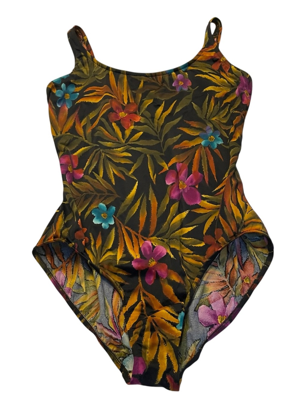 No Brand Vintage Black & Tropical Floral Print High-Cut One Piece Swimsuit sz 2x